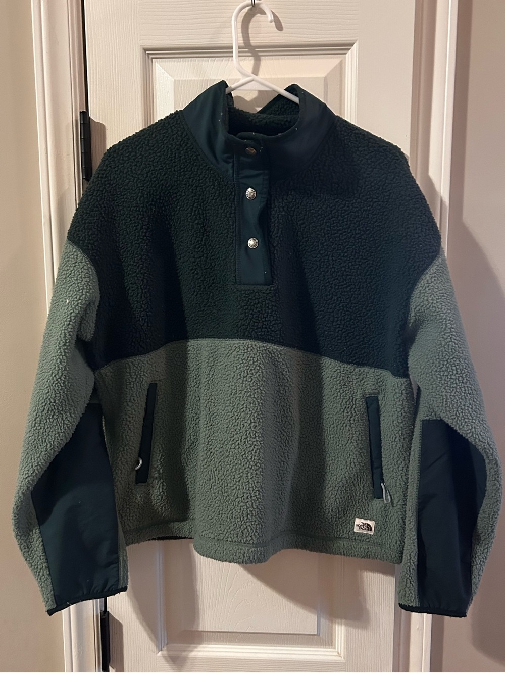 The North Face Cragmont 1/4 snap Colorblock Dark Green and Olive Sherpa Pullover